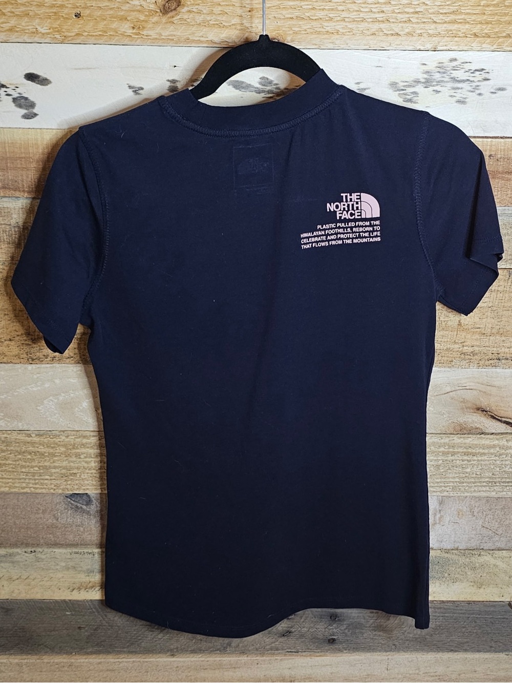 The North Face Navy Short Sleeve Tee with Pink Chest Logo